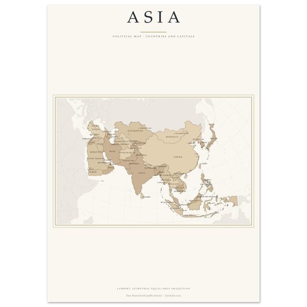 Asien Karte hell Poster gedruckt, Länder und Hauptstädte beschriftet, politische Karte