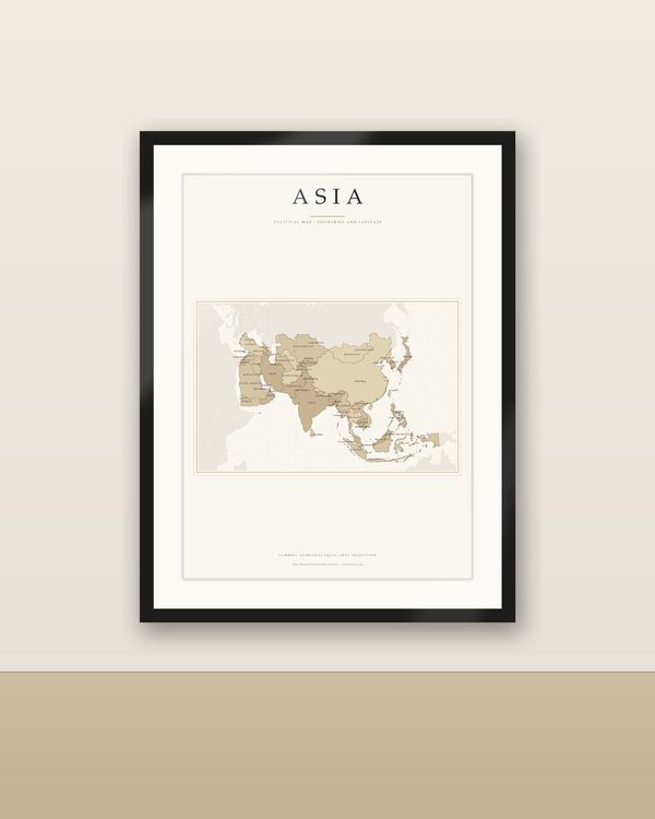 Asien Karte Poster hell, Länder und Hauptstädte beschriftet, politische Karte, flächentreu