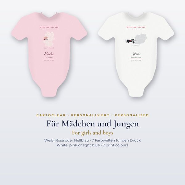 Babybody „Hier komme ich her“ – personalisiert mit Karte des Geburtsorts