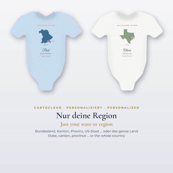 Babybody „Hier komme ich her“ – personalisiert mit Karte des Geburtsorts