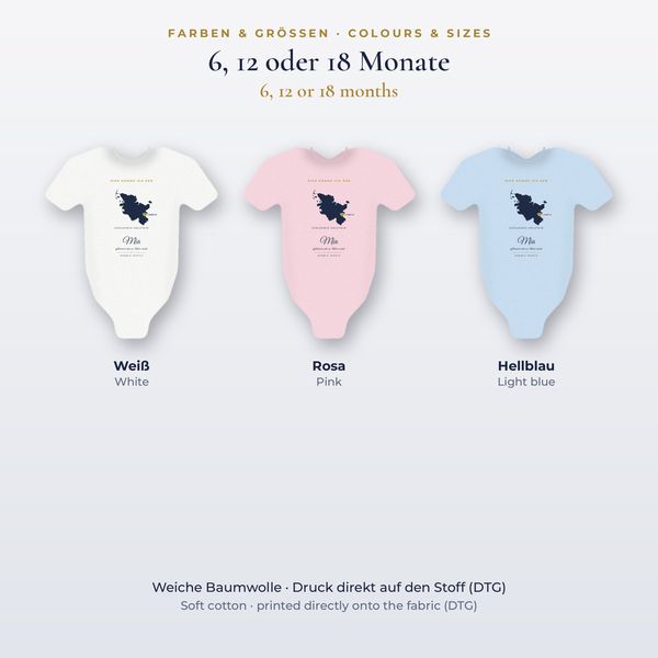 Babybody „Hier komme ich her“ – personalisiert mit Karte des Geburtsorts