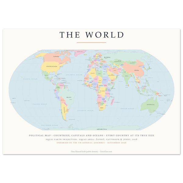 Bunte Weltkarte Kinder Poster gedruckt, Länder und Hauptstädte, Equal Earth