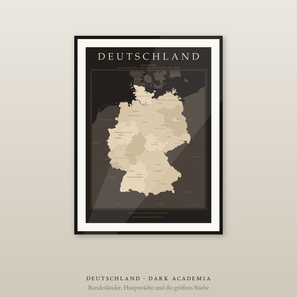 Deutschland Karte Poster, 16 Bundesländer und Städte beschriftet, 2 Ausgaben, flächentreu