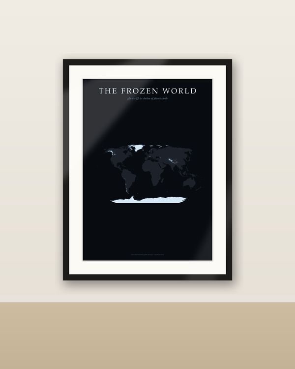 Die gefrorene Welt Karte Poster, Gletscher und Schelfeis leuchtend auf Schwarz