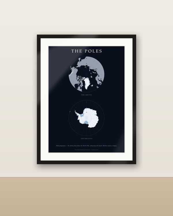 Die Pole Karte Poster, Arktis über Antarktis, Polarposter hoch, dunkelblaues Eis-Wandbild