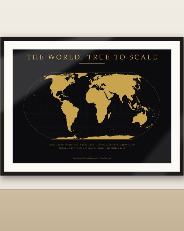 Equal Earth Weltkarte Noir & Gold, neue UN-Weltkarte 2026, flächentreu, schwarzes Wandbild