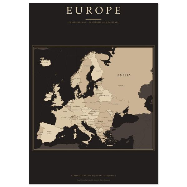 Europa Karte Dark Academia Poster gedruckt, Länder und Hauptstädte beschriftet