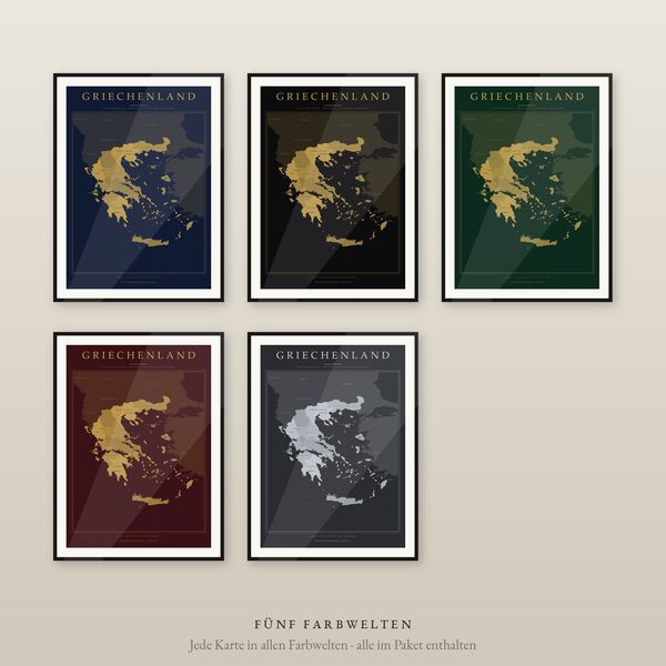 Griechenland Karte Poster Luxus-Set, 5 Farbwelten mit Gold, Regionen und Städte