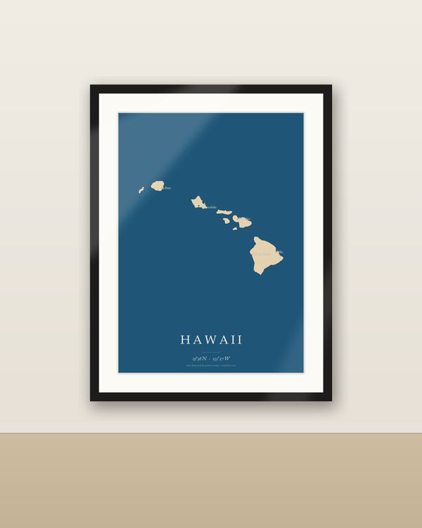 Hawaii Karte Poster, minimalistische Inselkarte, Sand auf tiefblauem Meer