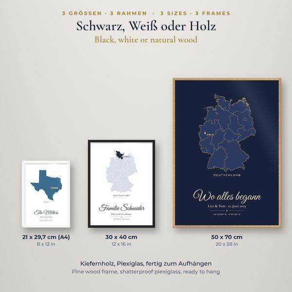 Heimat-Poster im Holzrahmen – personalisiert mit Karte & Herz