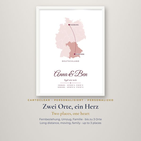 Heimat-Poster im Holzrahmen – personalisiert mit Karte & Herz