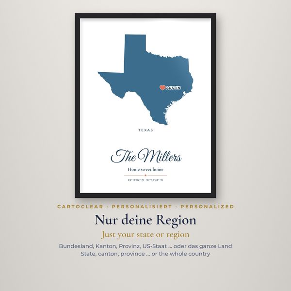 Heimat-Poster im Holzrahmen – personalisiert mit Karte & Herz