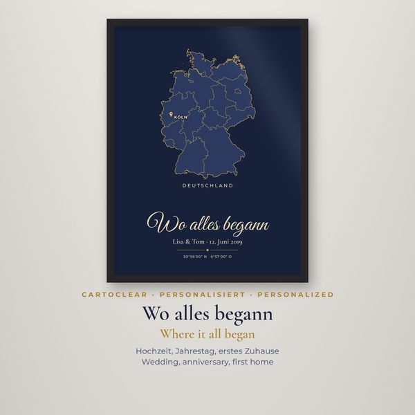 Heimat-Poster im Holzrahmen – personalisiert mit Karte & Herz