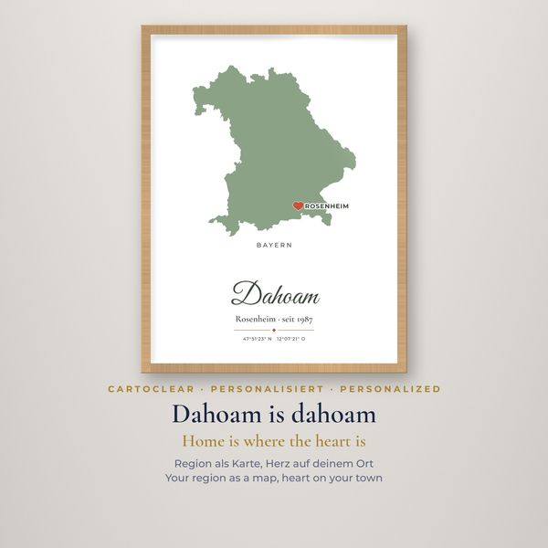 Heimat-Poster im Holzrahmen – personalisiert mit Karte & Herz