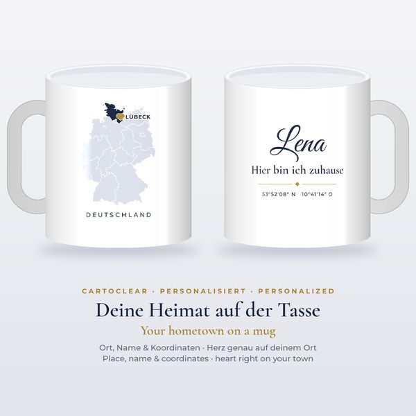Hometown mug with map & heart – personalised