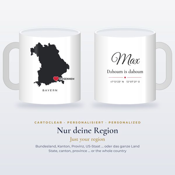 Heimat-Tasse mit Karte & Herz – personalisiert