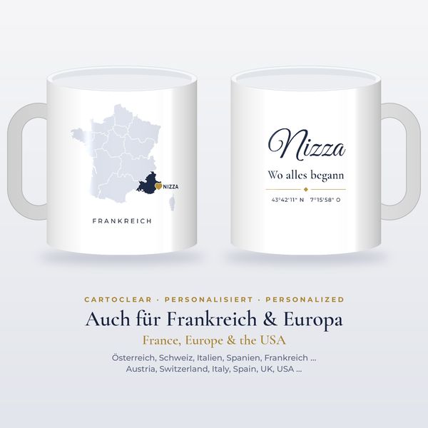 Heimat-Tasse mit Karte & Herz – personalisiert