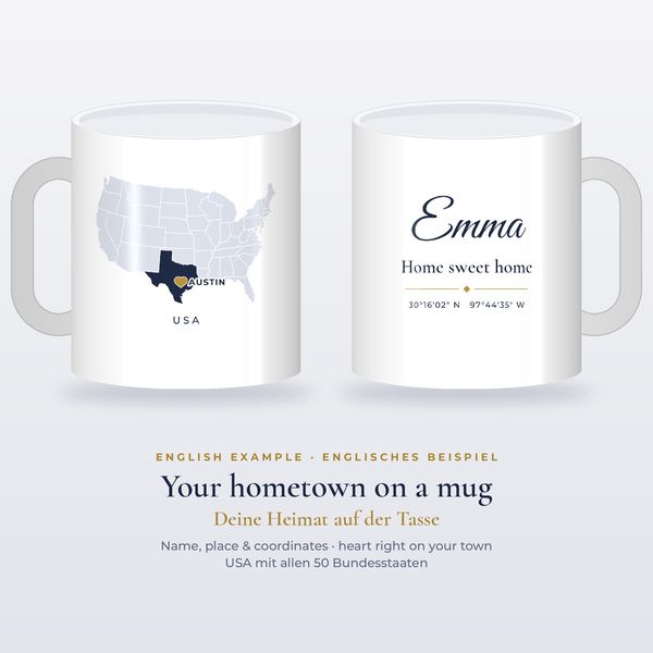 Heimat-Tasse mit Karte & Herz – personalisiert