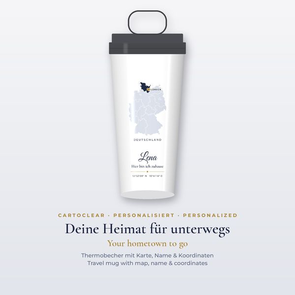 Travel mug with map & heart – personalised