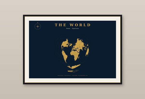 Herz-Weltkarte mit Kompass Poster, Bonne-Projektion Navy & Gold Wandbild
