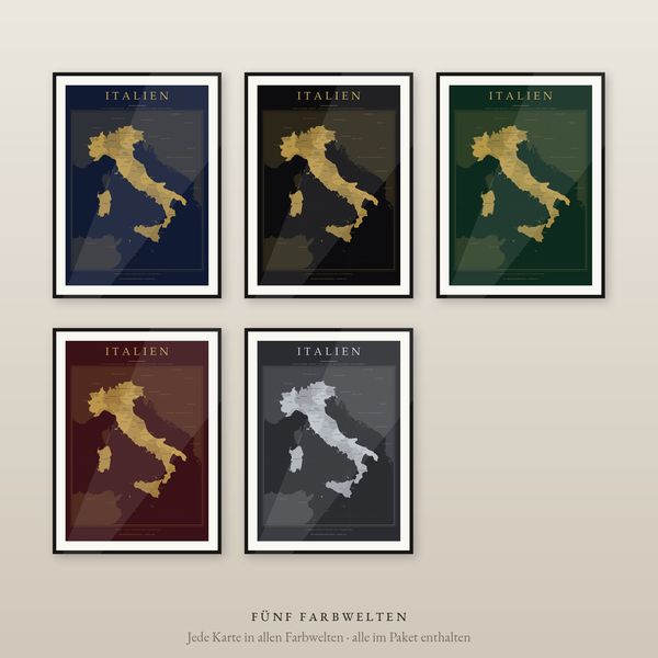 Italien Karte Poster Luxus-Set, 5 Farbwelten mit Gold, 20 Regionen und Städte, flächentreu