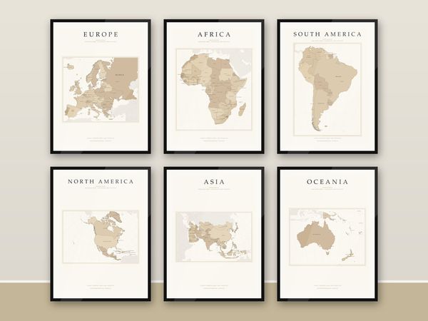 Kontinentkarten Set hell, 6 Poster: Europa, Afrika, Asien, Amerika, Ozeanien