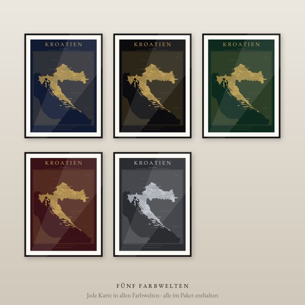 Kroatien Karte Poster Luxus-Set, 5 Farbwelten mit Gold, Gespanschaften und Städte