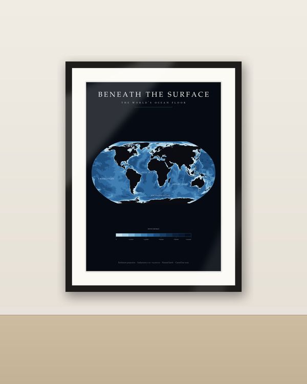 Meeresboden Weltkarte Poster, blaue Bathymetrie Wandbild, Ozeanboden Tiefenkarte