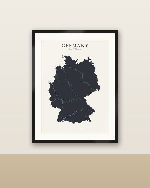 Minimalistische Deutschlandkarte Poster, Anthrazit-Silhouette mit Flüssen