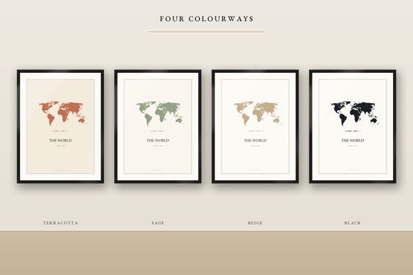 Minimalistische Weltkarte zum Drucken, 4 Farben 5 Sprachen
