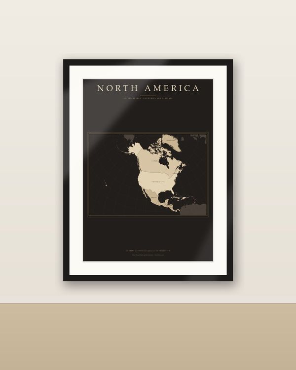 Nordamerika Karte Dark Academia Poster, Länder und Hauptstädte beschriftet, Vintage-Optik