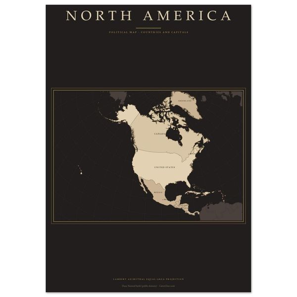 Nordamerika Karte Dark Academia Poster gedruckt, Länder und Hauptstädte beschriftet
