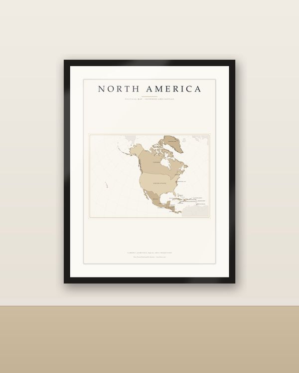 Nordamerika Karte Poster hell, Länder und Hauptstädte beschriftet, politische Karte