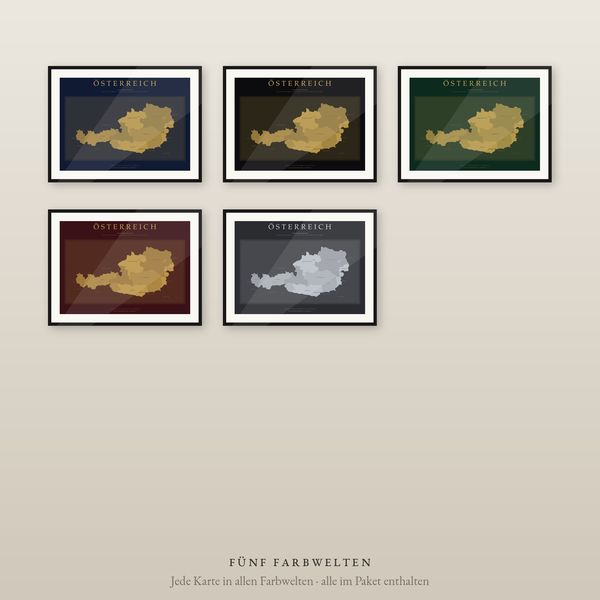 Österreich Karte Poster Luxus-Set, 5 Farbwelten mit Gold, 9 Bundesländer und Städte