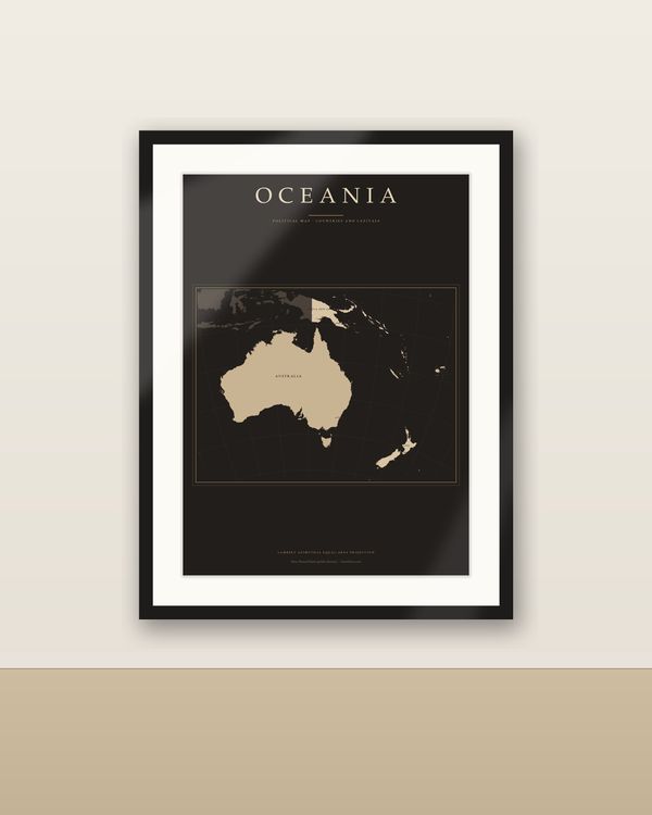 Ozeanien Karte Dark Academia Poster, Länder und Hauptstädte beschriftet, Vintage-Optik