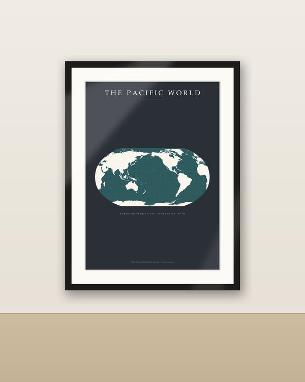 Pazifik-zentrierte Weltkarte Poster, Robinson-Projektion, Anthrazit & Petrol Wandbild