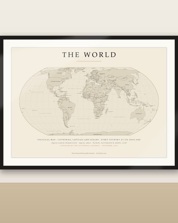 Politische Weltkarte mit Ländern und Hauptstädten, Equal-Earth-Projektion