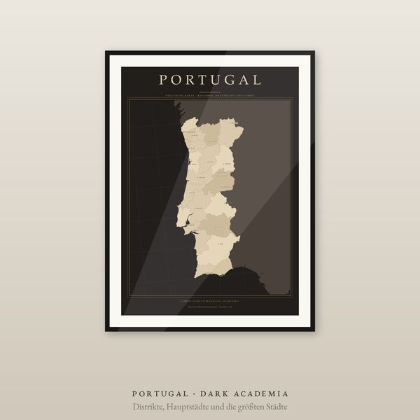 Portugal Karte Poster, Distrikte und Städte beschriftet, 2 Ausgaben, flächentreu