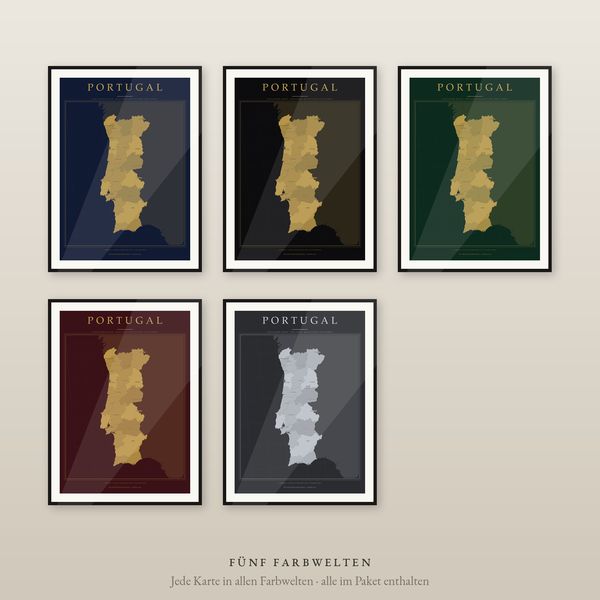 Portugal Karte Poster Luxus-Set, 5 Farbwelten mit Gold, Distrikte und Städte, flächentreu