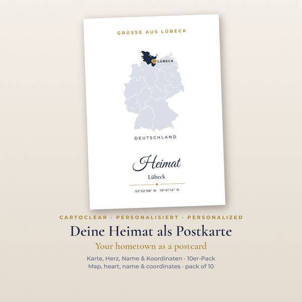 Postcards with map & heart – personalised, pack of 10
