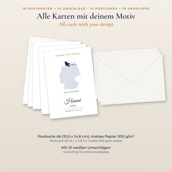 Postkarten mit Karte & Herz – personalisiert, 10er-Pack