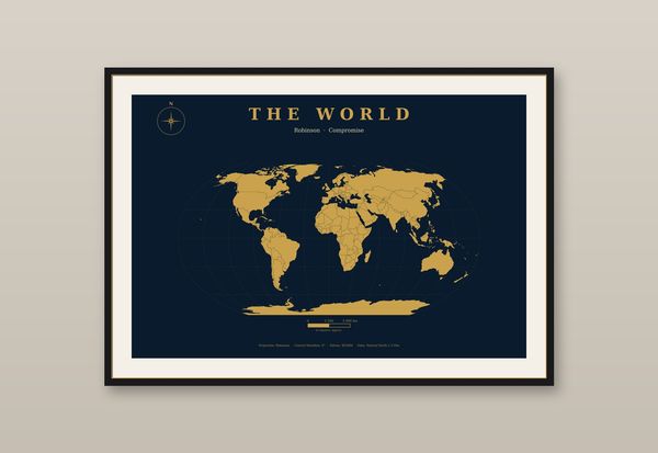 Robinson-Projektion Weltkarte Poster, Navy & Gold Wandbild