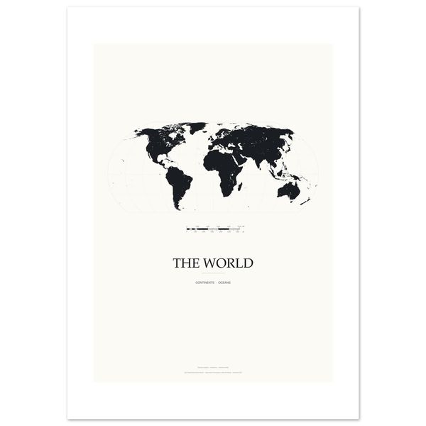 Schwarze Weltkarte Poster, minimalistischer Kartendruck, Robinson-Projektion