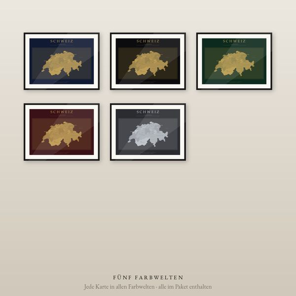 Schweiz Karte Poster Luxus-Set, 5 Farbwelten mit Gold, 26 Kantone und Städte, flächentreu