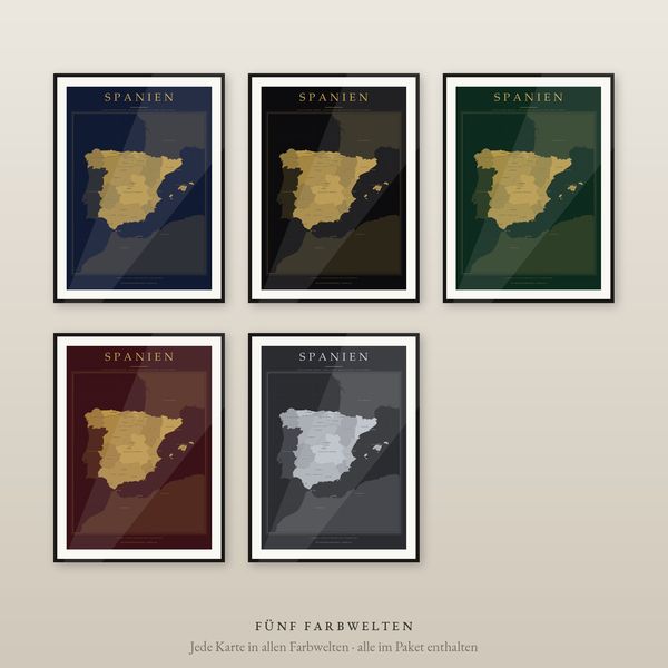 Spanien Karte Poster Luxus-Set, 5 Farbwelten mit Gold, 17 Regionen und Städte, flächentreu