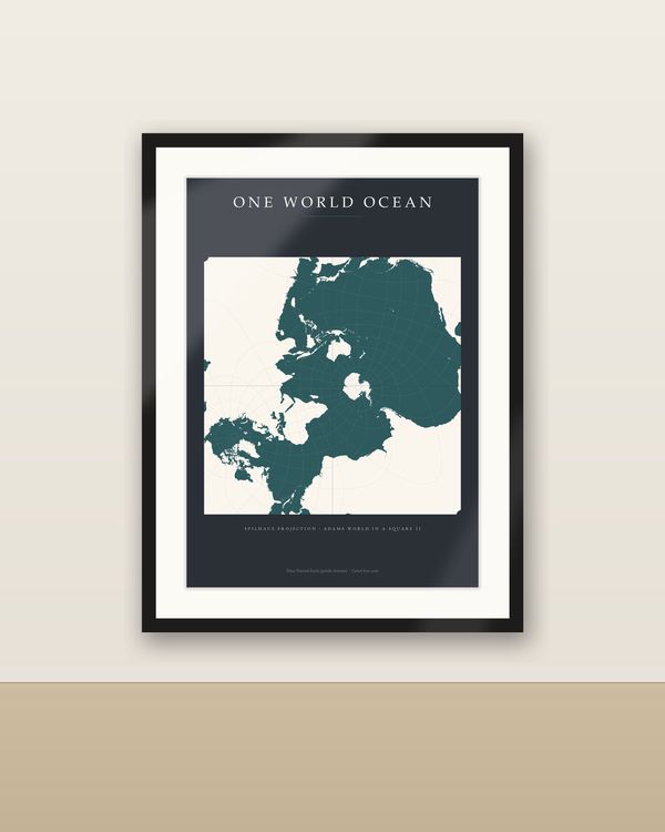 Spilhaus Weltkarte Poster, der Weltozean als Ganzes, Anthrazit & Petrol Wandbild