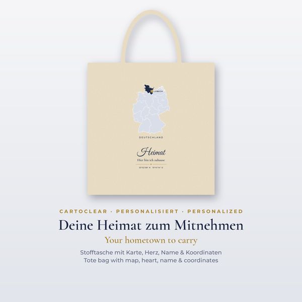 Tote bag with map & heart – personalised
