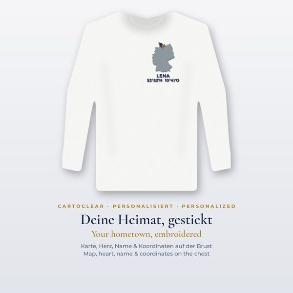 Embroidered sweatshirt with map & heart – personalised