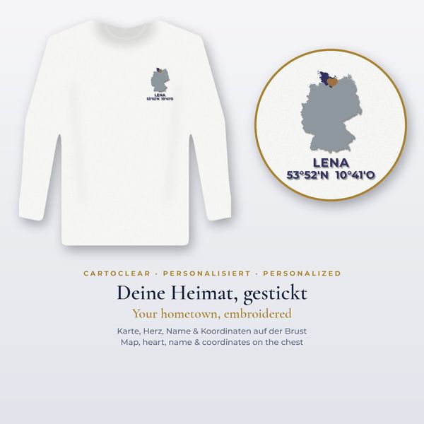 Sweatshirt bestickt mit Karte & Herz – personalisiert