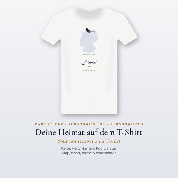 T-shirt with map & heart – personalised